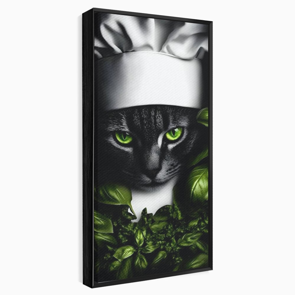 Tablou canvas cu tablou canvas cu pisica bucatar si frunze, in rama de aluminiu negru